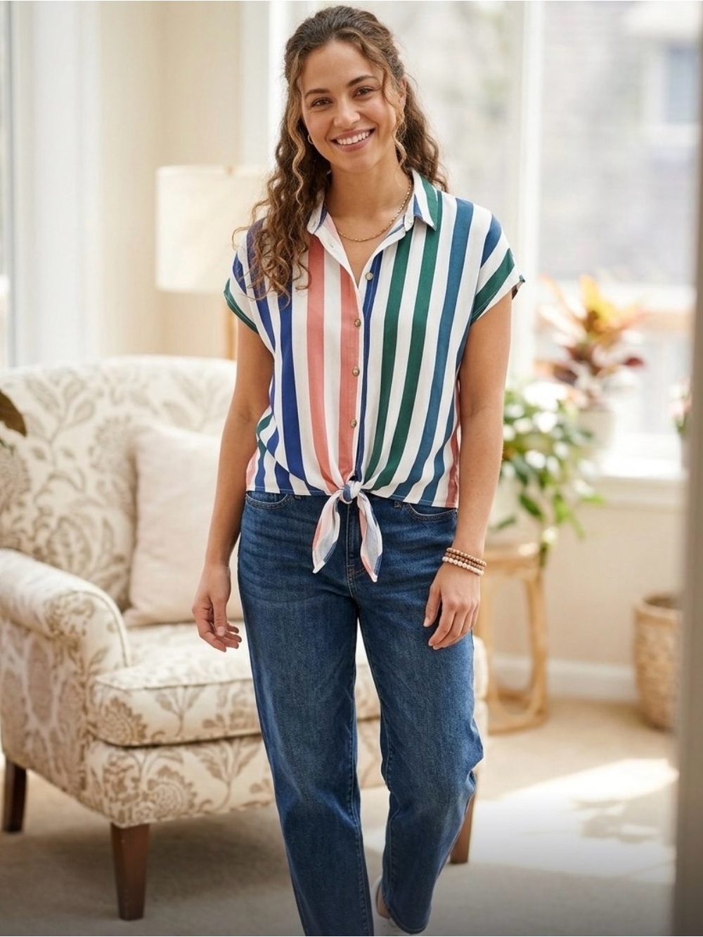 Multi-Stripe Tie-Front Button Down Shirt in Blue, Green & Pink